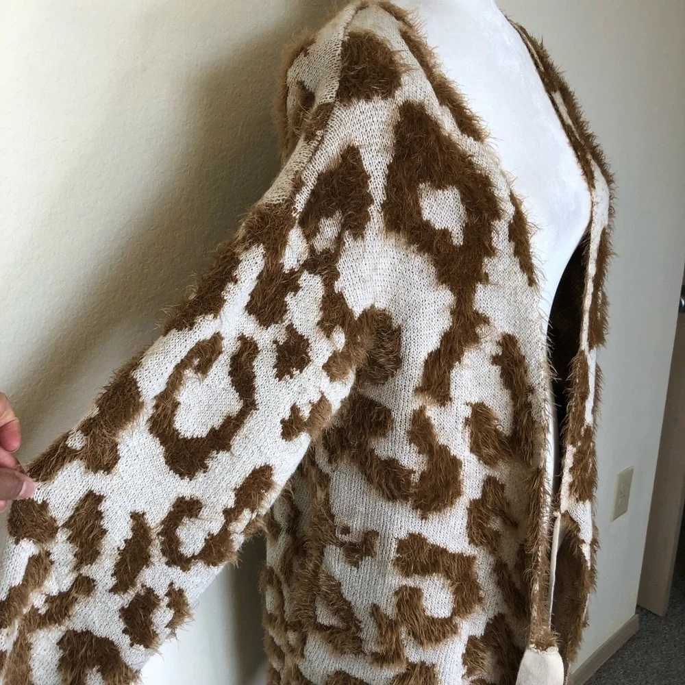 UNIQ Mocha Leopard Print Long Fluffy Textured Cardigan‎ S/M Cozy Lounge Wear